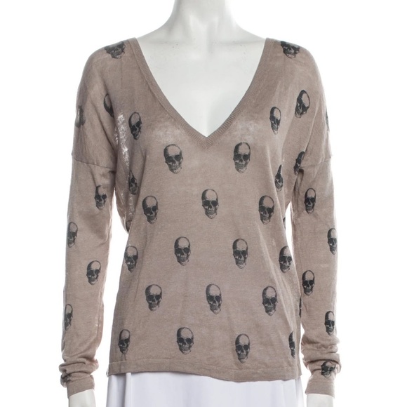 Skull Cashmere Tan Skull Print Linen Sweater SzM - Picture 1 of 8